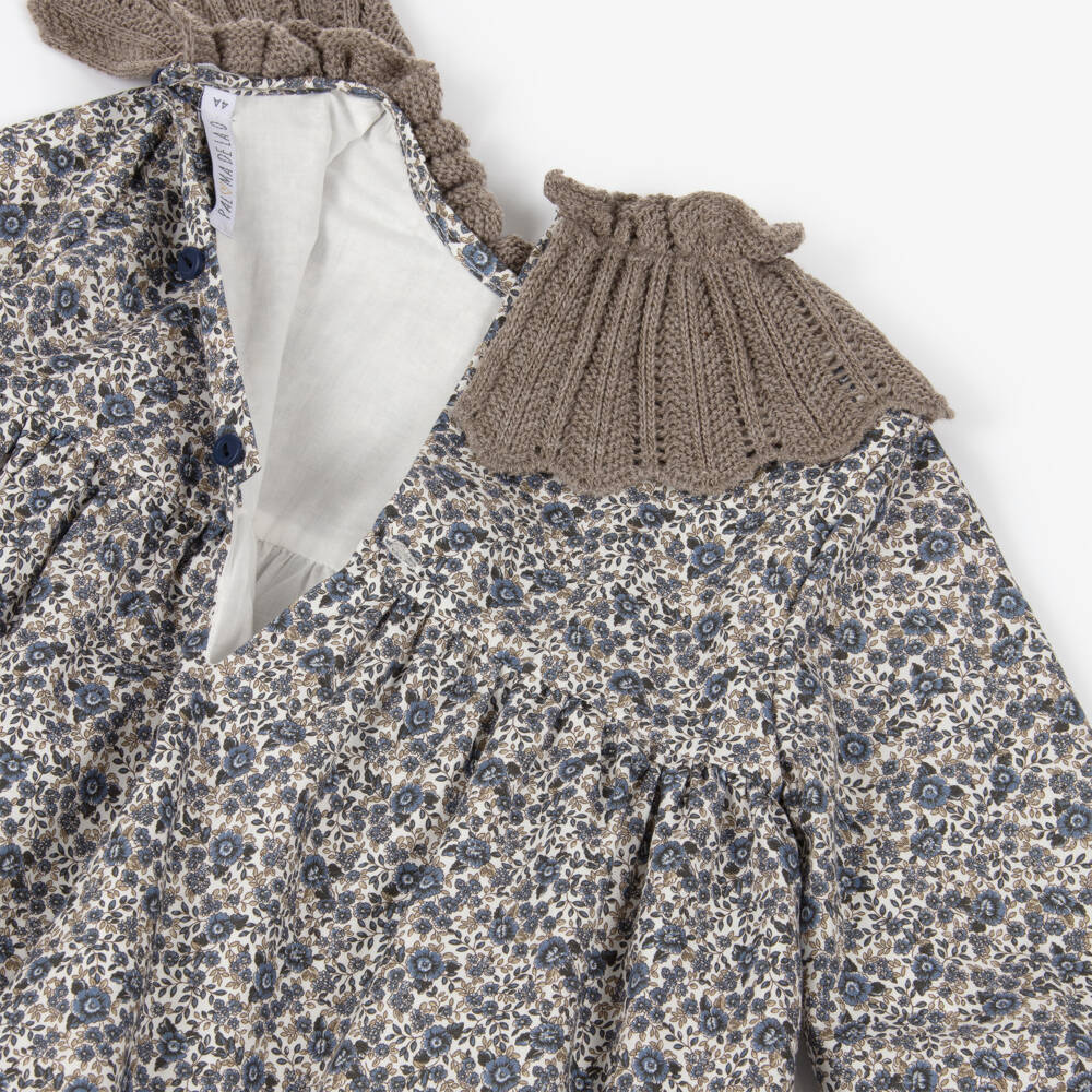 Paloma de la O-Girls Blue & Beige Floral Cotton Dress with Knitted Collar | Childrensalon Outlet