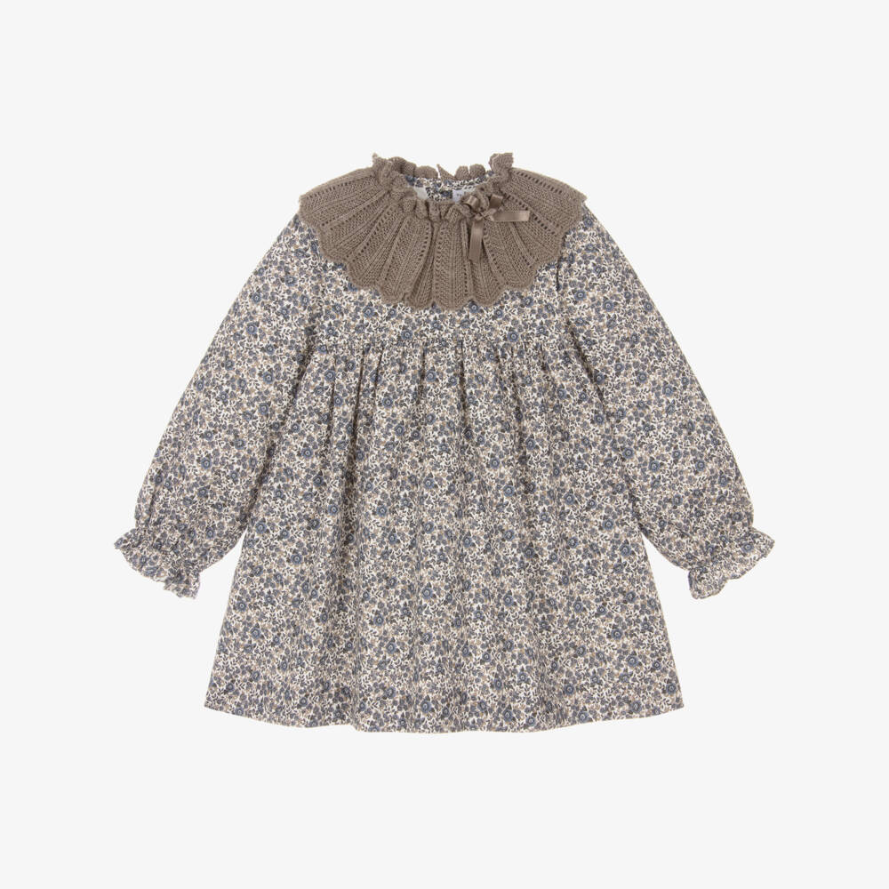 Paloma de la O-Girls Blue & Beige Floral Cotton Dress with Knitted Collar | Childrensalon Outlet