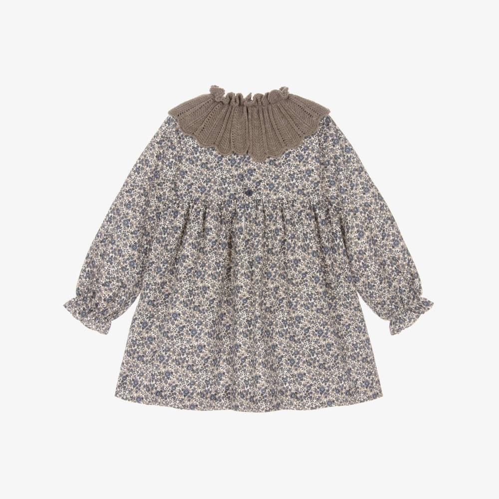 Paloma de la O-Girls Blue & Beige Floral Cotton Dress with Knitted Collar | Childrensalon Outlet