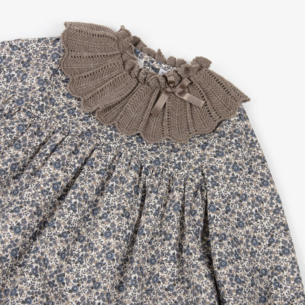 Paloma de la O-Girls Blue & Beige Floral Cotton Dress with Knitted Collar | Childrensalon Outlet