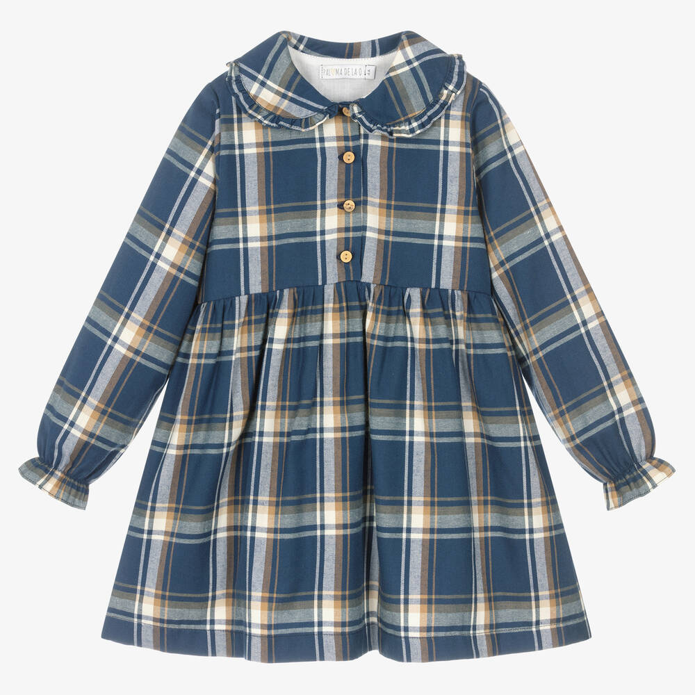 Paloma de la O - Girls Blue Check Cotton Dress | Childrensalon