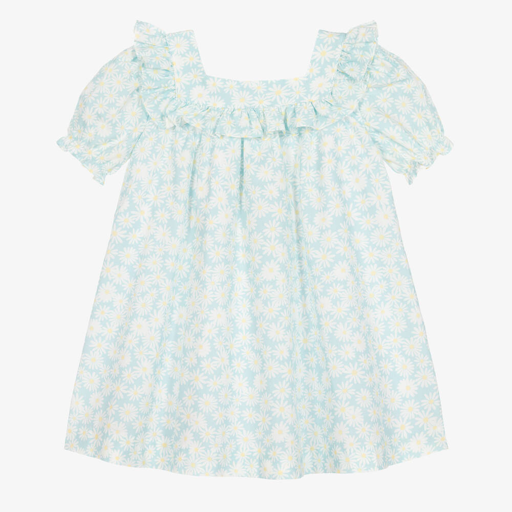 Paloma de la O - Girls Blue Cotton Daisy Print Dress | Childrensalon
