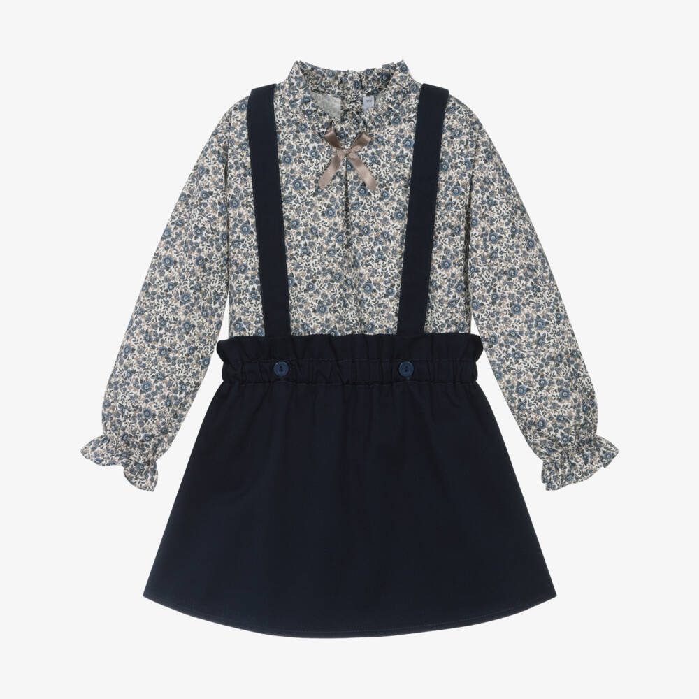 Paloma de la O-Girls Blue Cotton Floral Blouse & Skirt Set | Childrensalon Outlet