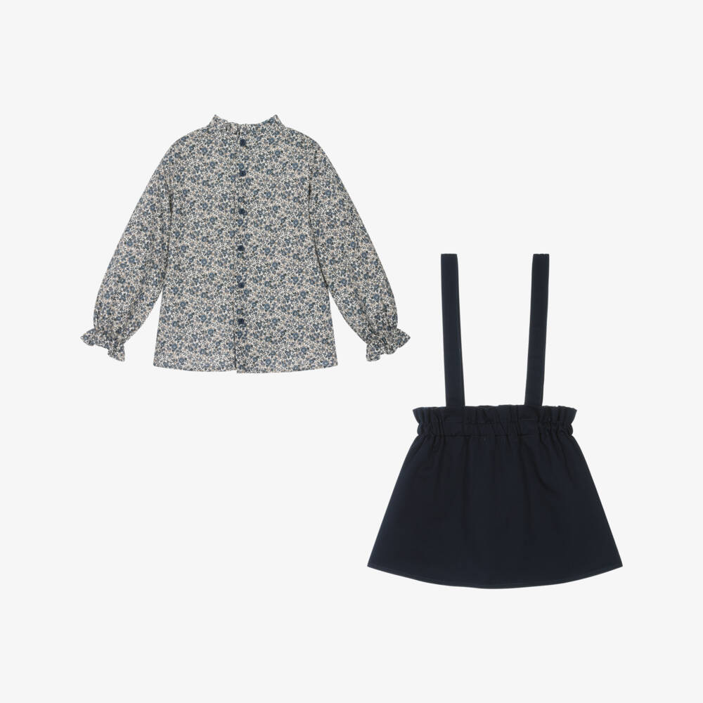 Paloma de la O-Girls Blue Cotton Floral Blouse & Skirt Set | Childrensalon Outlet