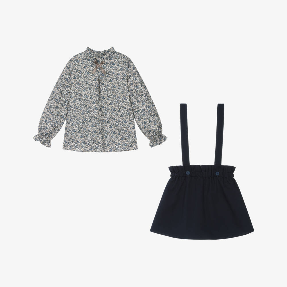 Paloma de la O-Girls Blue Cotton Floral Blouse & Skirt Set | Childrensalon Outlet