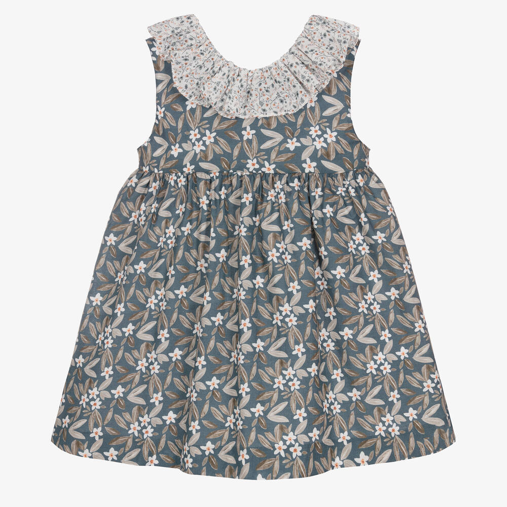 Paloma de la O - Girls Blue Cotton Floral Dress | Childrensalon