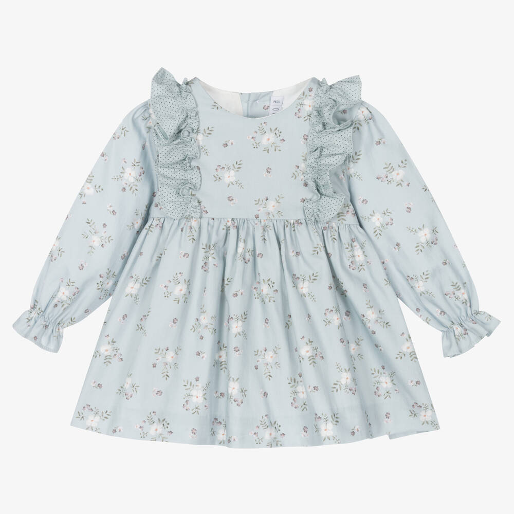 Paloma de la O - Girls Blue Cotton Floral Dress | Childrensalon