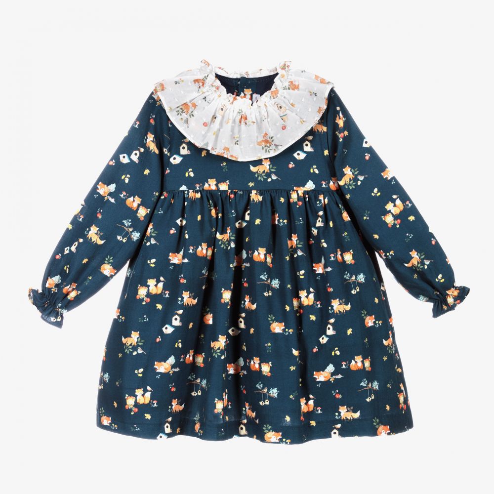 Paloma de la O - Girls Blue Foxes Dress  | Childrensalon