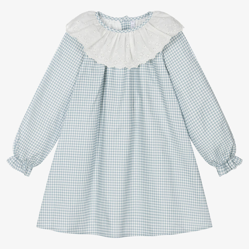 Paloma de la O - Girls Blue Gingham Check Cotton Dress | Childrensalon