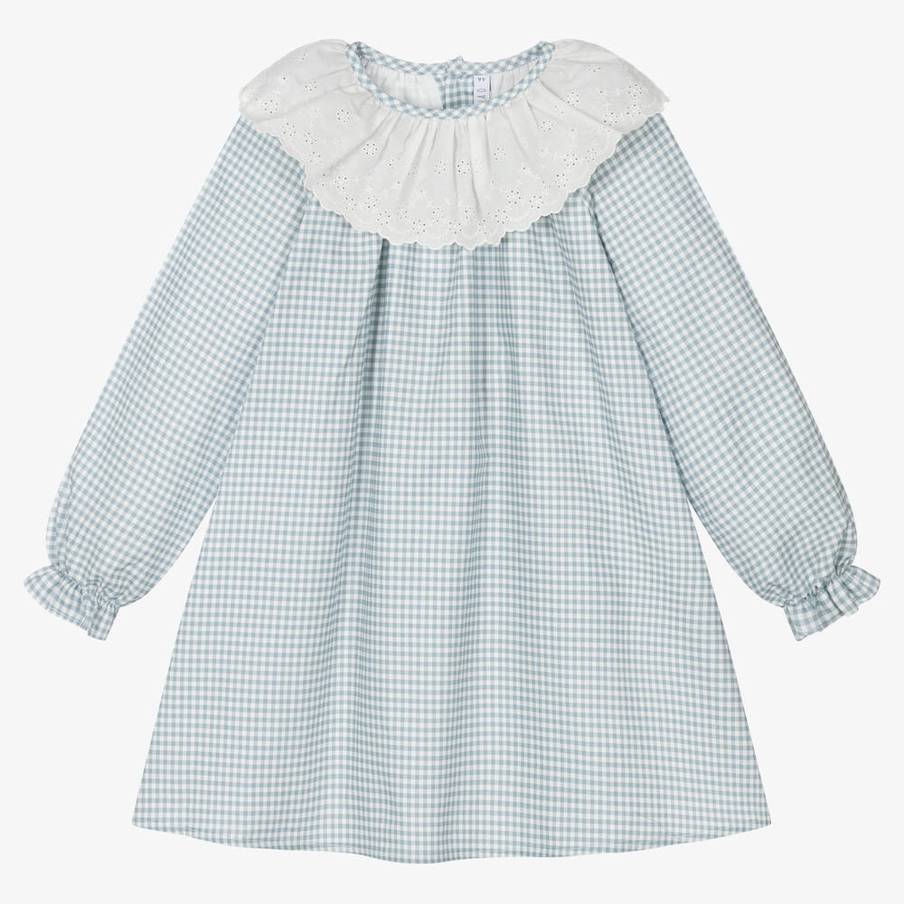 Paloma de la O Girls Blue Gingham Check Cotton Dress Childrensalon