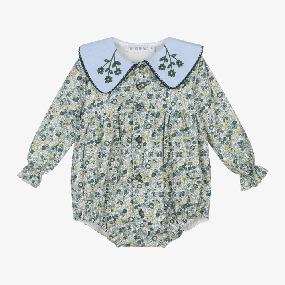 Paloma de la O-Girls Blue & Green Floral Cotton Romper | Childrensalon Outlet