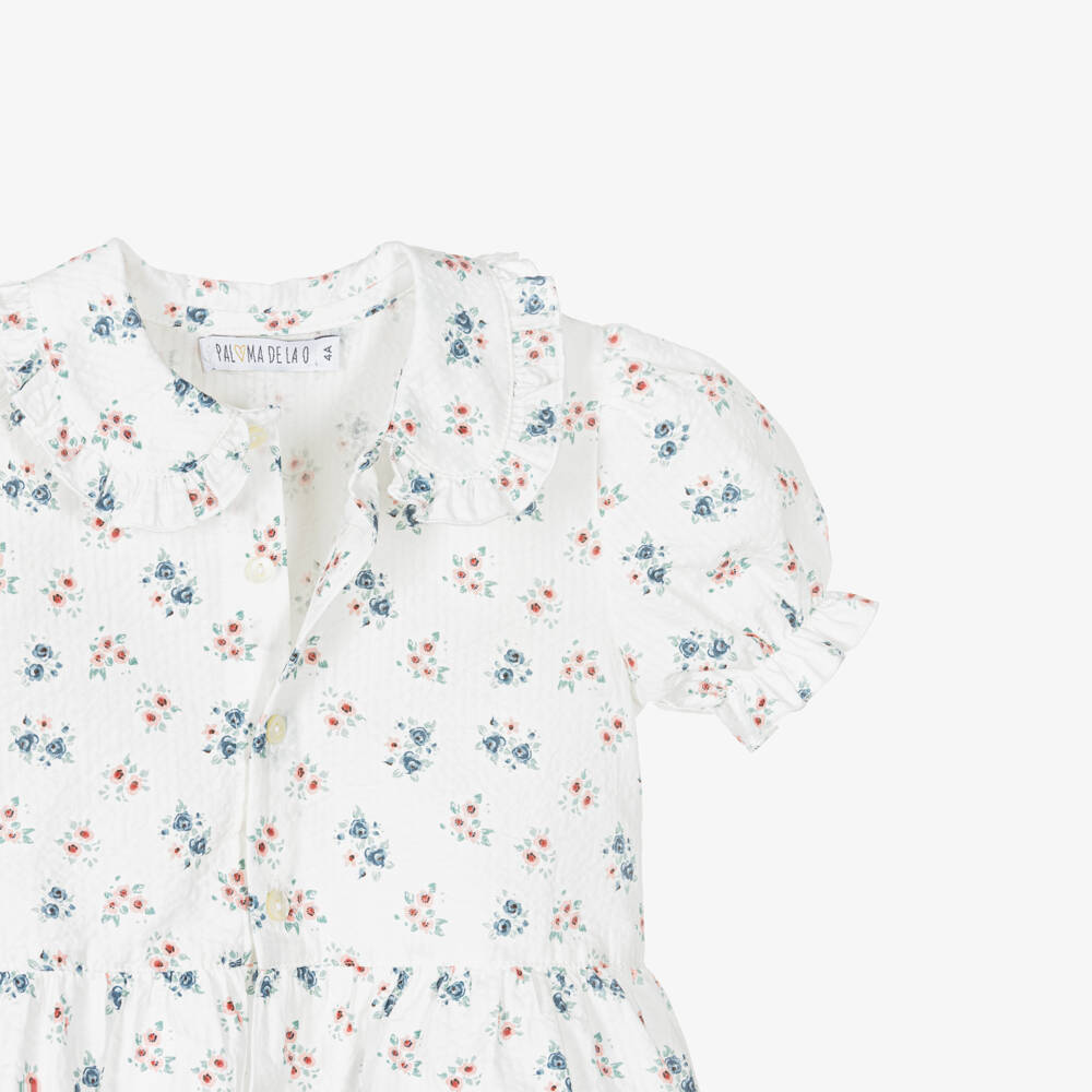 Paloma de la O-Girls Blue & White Cotton Trouser Set with Floral Blouse | Childrensalon Outlet