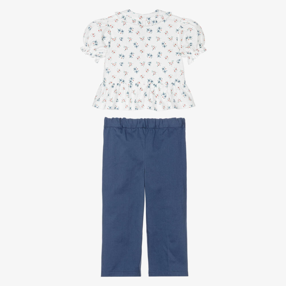 Paloma de la O-Girls Blue & White Cotton Trouser Set with Floral Blouse | Childrensalon Outlet