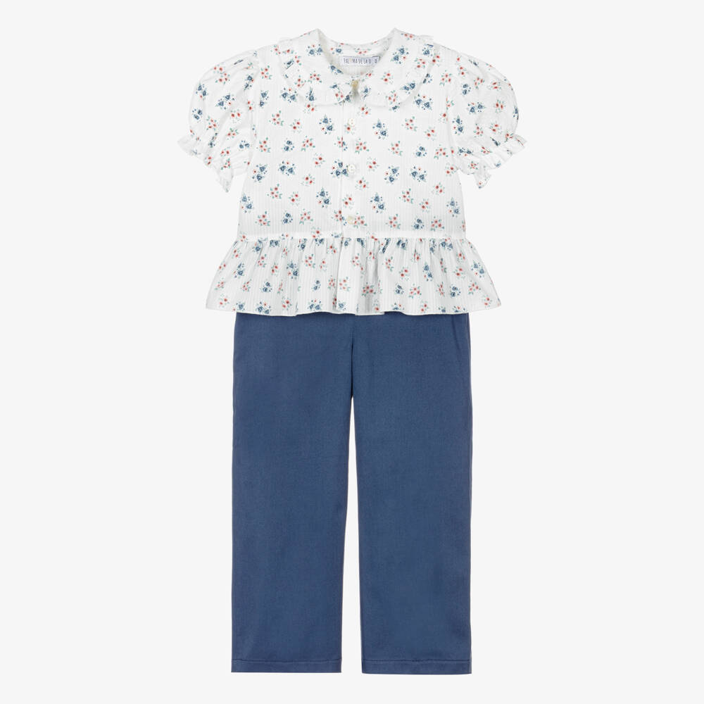 Paloma de la O-Girls Blue & White Cotton Trouser Set with Floral Blouse | Childrensalon Outlet