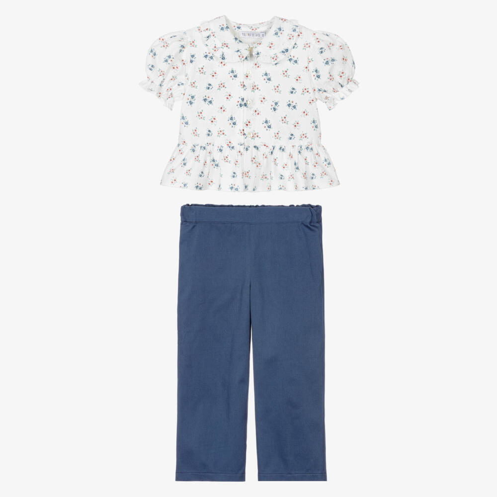 Paloma de la O-Girls Blue & White Cotton Trouser Set with Floral Blouse | Childrensalon Outlet
