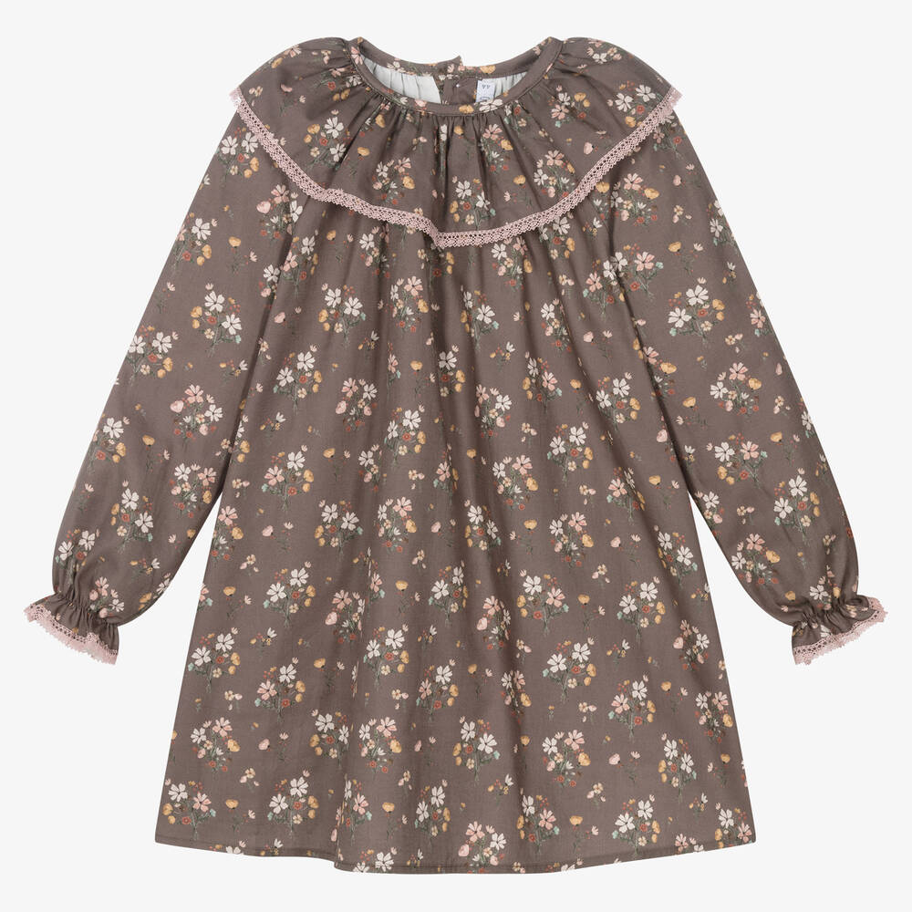 Paloma de la O - Girls Brown Cotton Floral Dress | Childrensalon