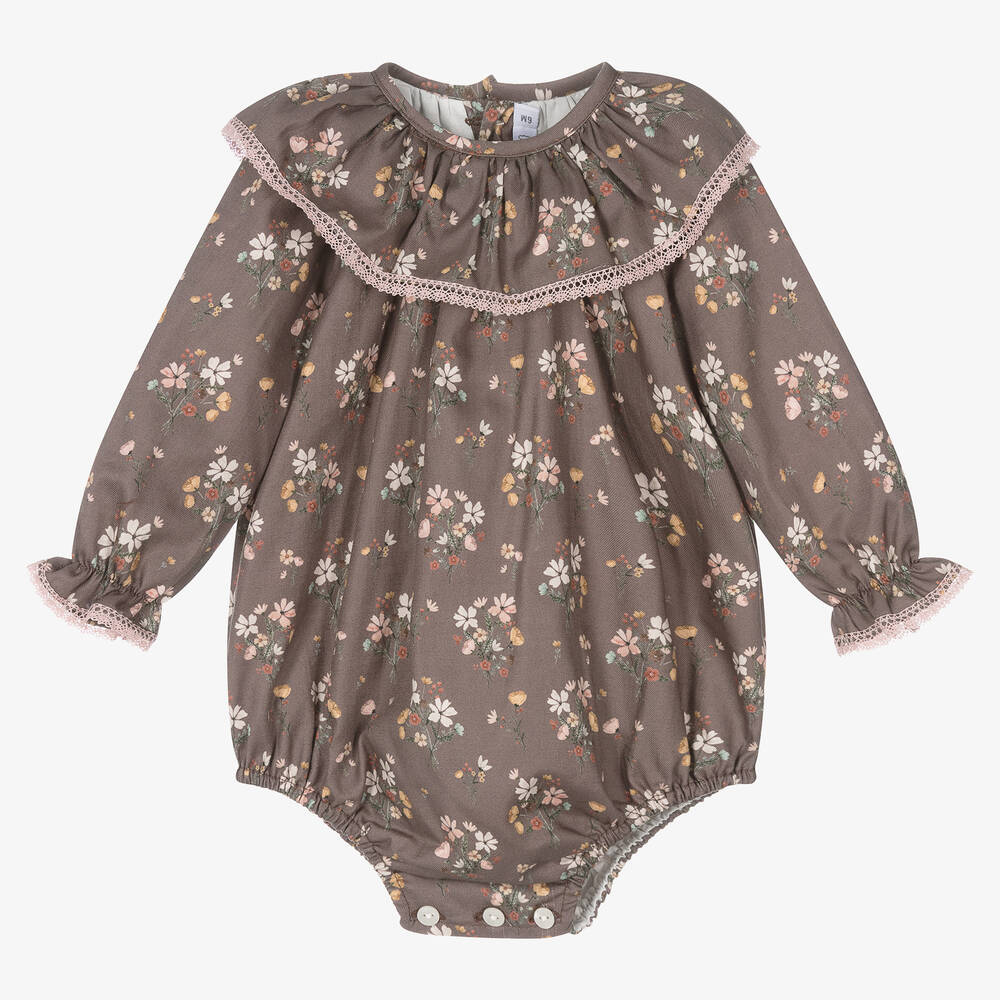 Paloma de la O-بودي سوت أطفال بناتي قطن لون بني بطبعة ورود | Childrensalon Outlet