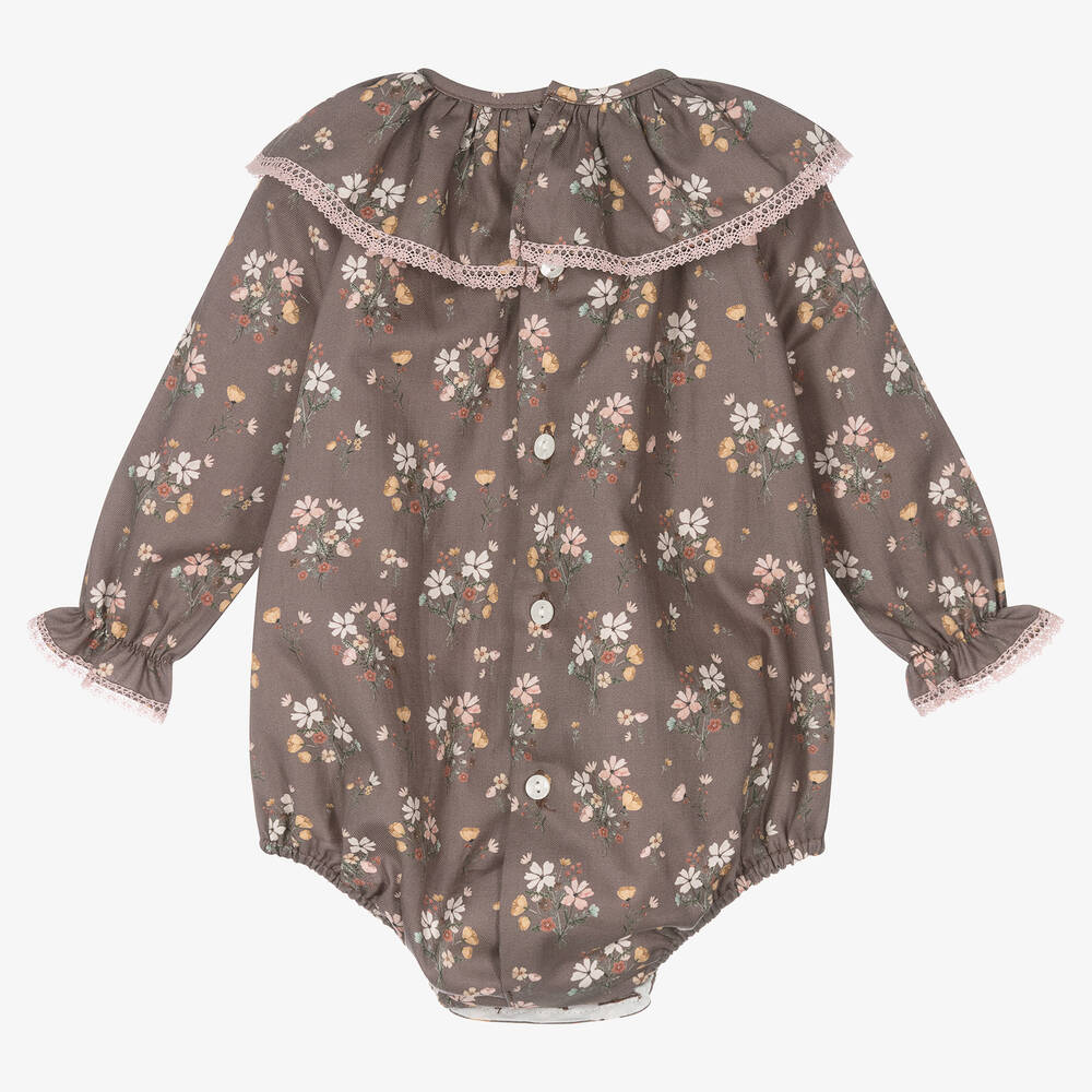 Paloma de la O-بودي سوت أطفال بناتي قطن لون بني بطبعة ورود | Childrensalon Outlet