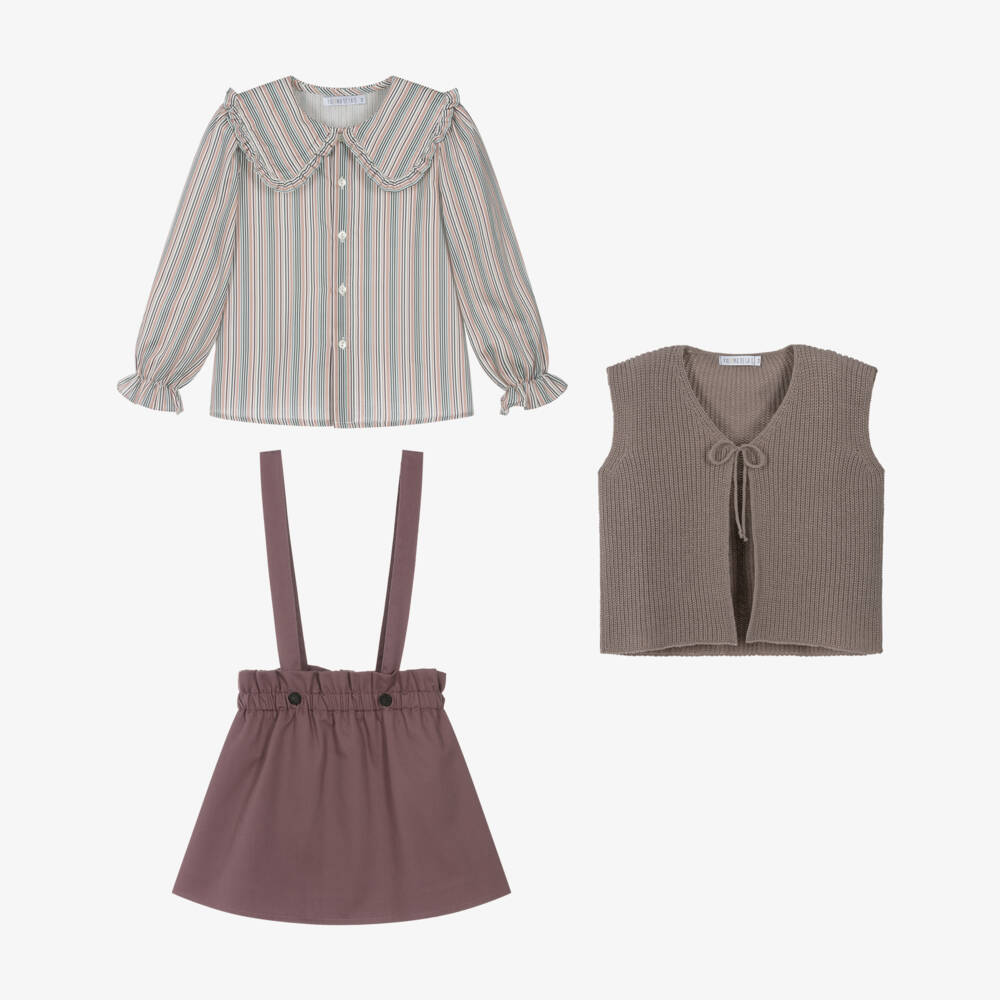 Paloma de la O-Girls Brown Knit & Purple Cotton Skirt Set | Childrensalon Outlet