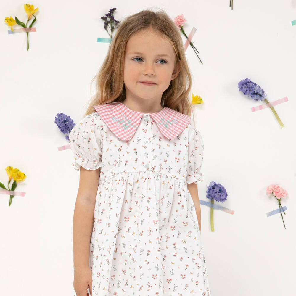 Paloma de la O-Хлопковое платье с цветочным узором для девочек розовое и белое | Childrensalon Outlet