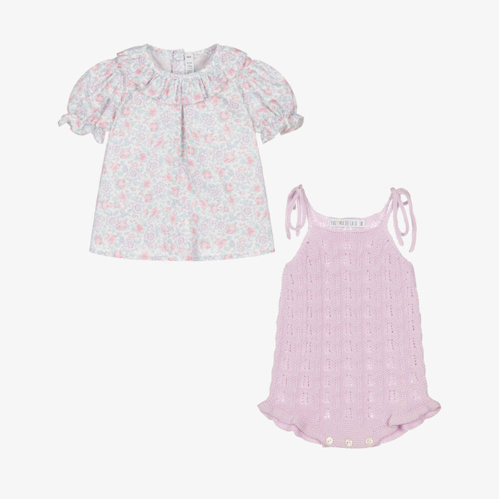 Paloma de la O-Girls Floral Blouse & Lilac Cotton Knit Shortie Set | Childrensalon Outlet