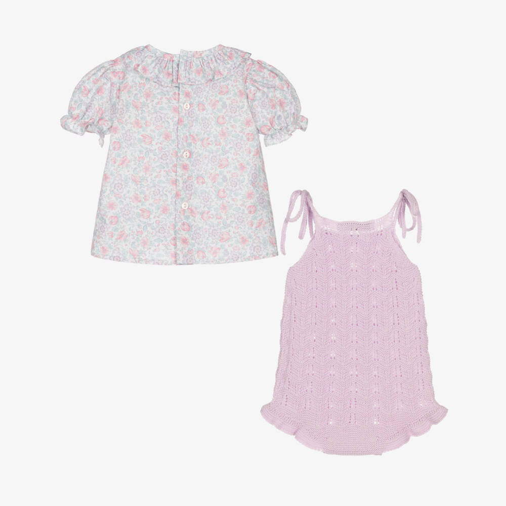 Paloma de la O-Girls Floral Blouse & Lilac Cotton Knit Shortie Set | Childrensalon Outlet