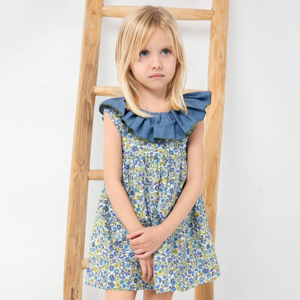 Paloma de la O-Girls Floral Cotton Dress in Blue | Childrensalon Outlet
