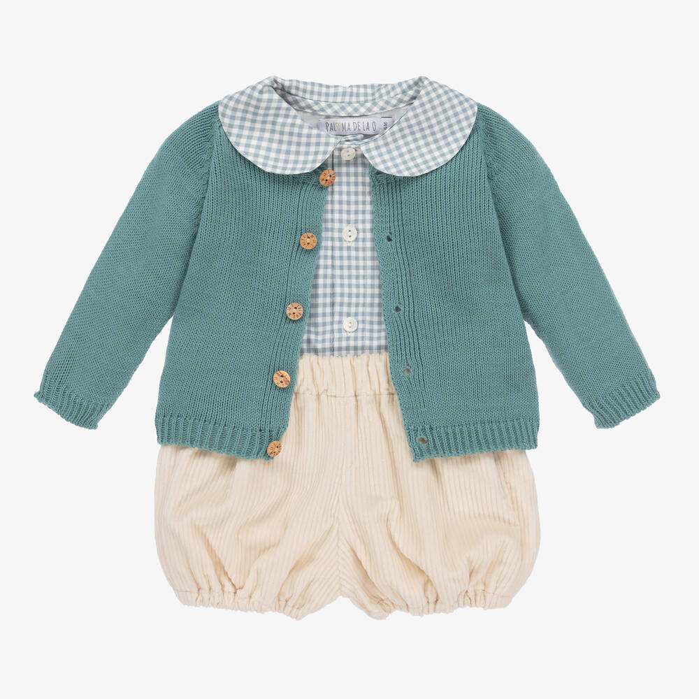 Paloma de la O - Girls Green & Ivory Corduroy Shorts Set | Childrensalon