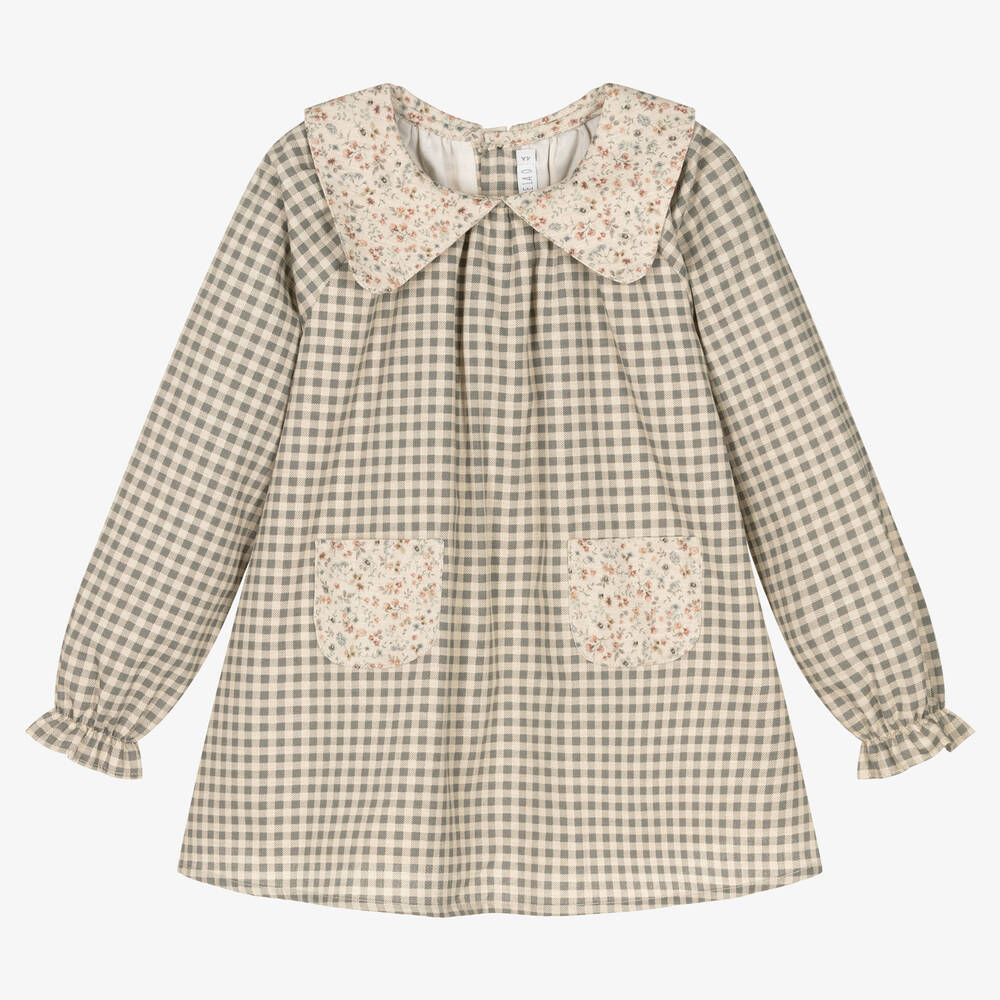 Paloma de la O - Girls Grey Check Cotton Dress | Childrensalon