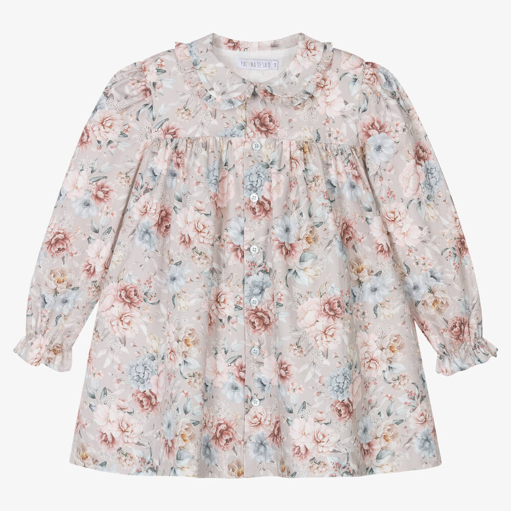 Paloma de la O - Girls Grey Cotton Floral Dress | Childrensalon