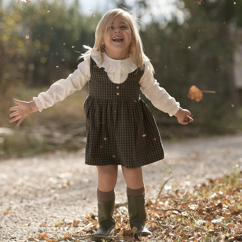 Paloma de la O-فستان بينافور قطن كاروهات لون رمادي وأحمر | Childrensalon Outlet