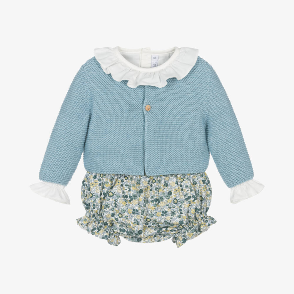 Paloma de la O-Girls Ivory and Blue Shorts Set | Childrensalon Outlet