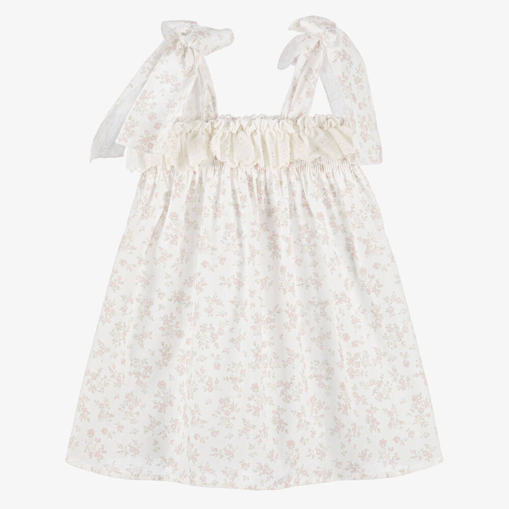 Paloma de la O-Girls Ivory Cotton Dress with Pink Floral Print | Childrensalon Outlet