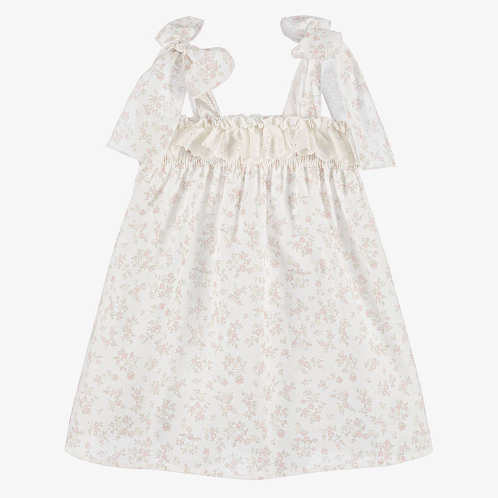 Paloma de la O-Girls Ivory Cotton Dress with Pink Floral Print | Childrensalon Outlet