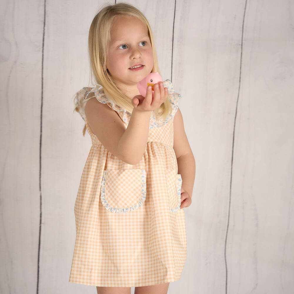 Paloma de la O-Girls Orange Gingham Cotton Dress | Childrensalon Outlet