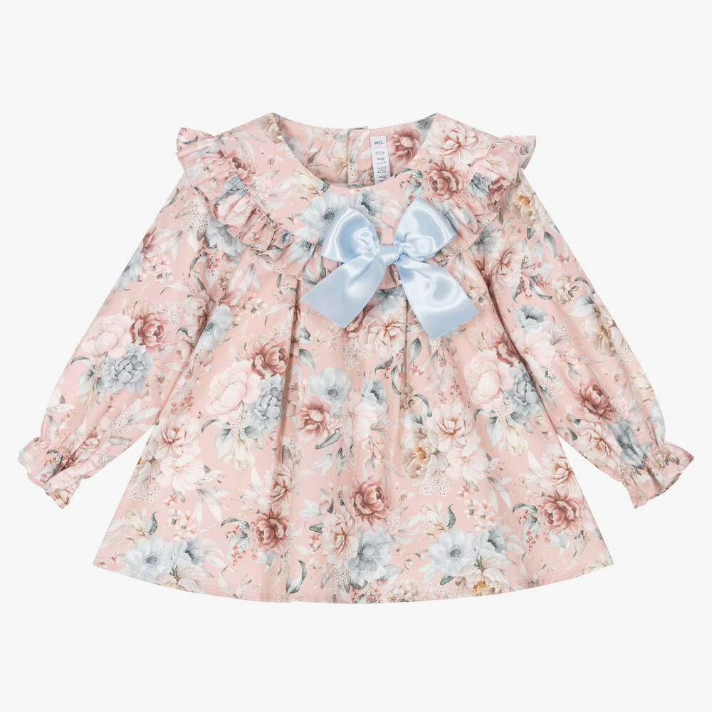 Paloma de la O - Розово-голубое хлопковое платье в цветочек | Childrensalon