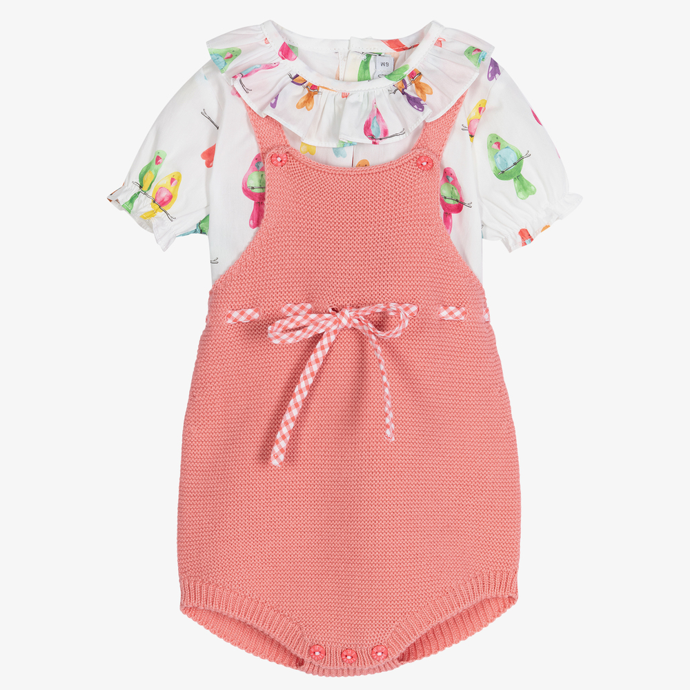 Paloma de la O - Girls Pink Cotton Dungaree Set | Childrensalon