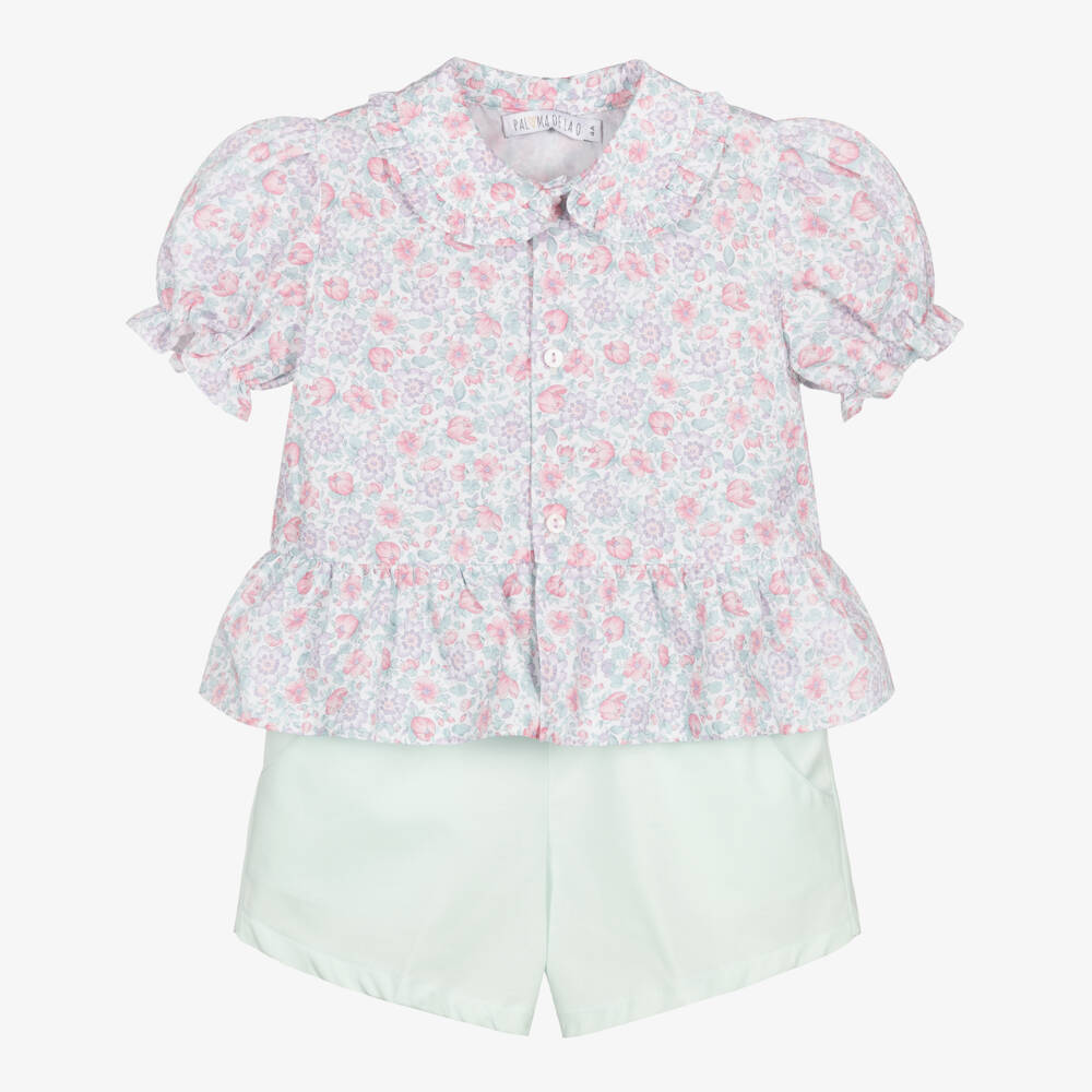 Paloma de la O-Girls Purple & Green Floral Print Cotton Shorts Set | Childrensalon Outlet