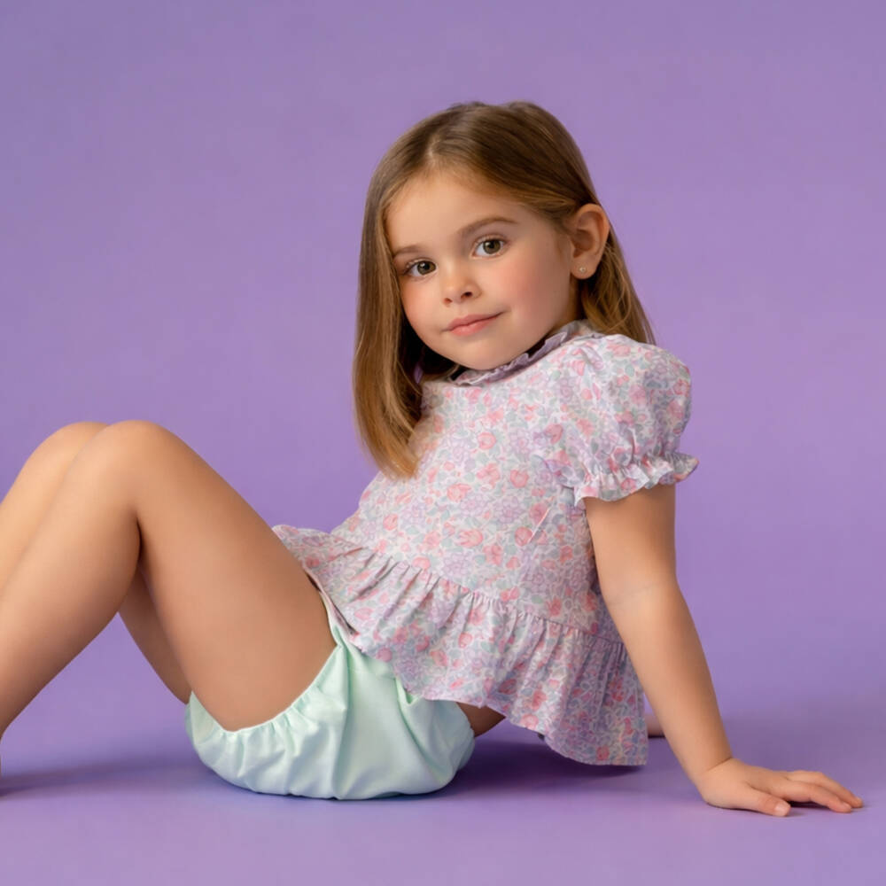Paloma de la O-Girls Purple & Green Floral Print Cotton Shorts Set | Childrensalon Outlet