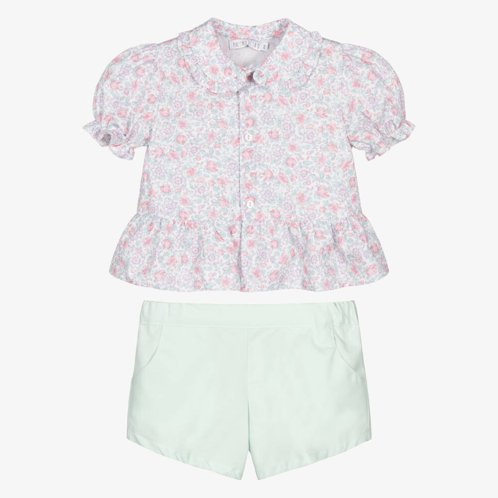 Paloma de la O-Girls Purple & Green Floral Print Cotton Shorts Set | Childrensalon Outlet