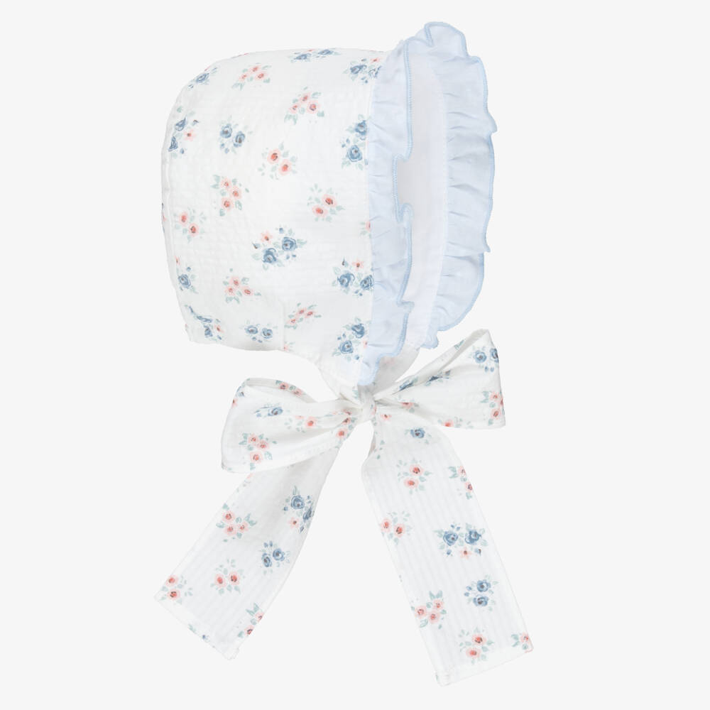 Paloma de la O-Girls White & Blue Floral Cotton Bonnet | Childrensalon Outlet