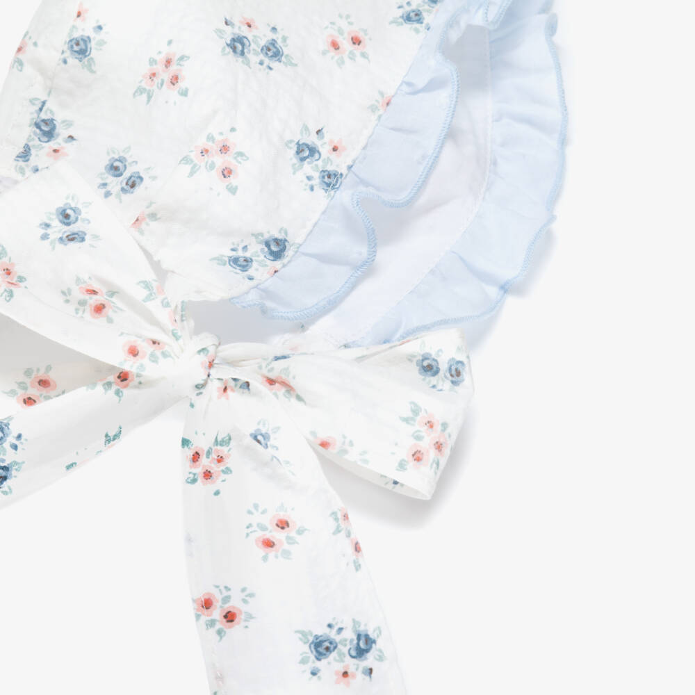 Paloma de la O-Girls White & Blue Floral Cotton Bonnet | Childrensalon Outlet