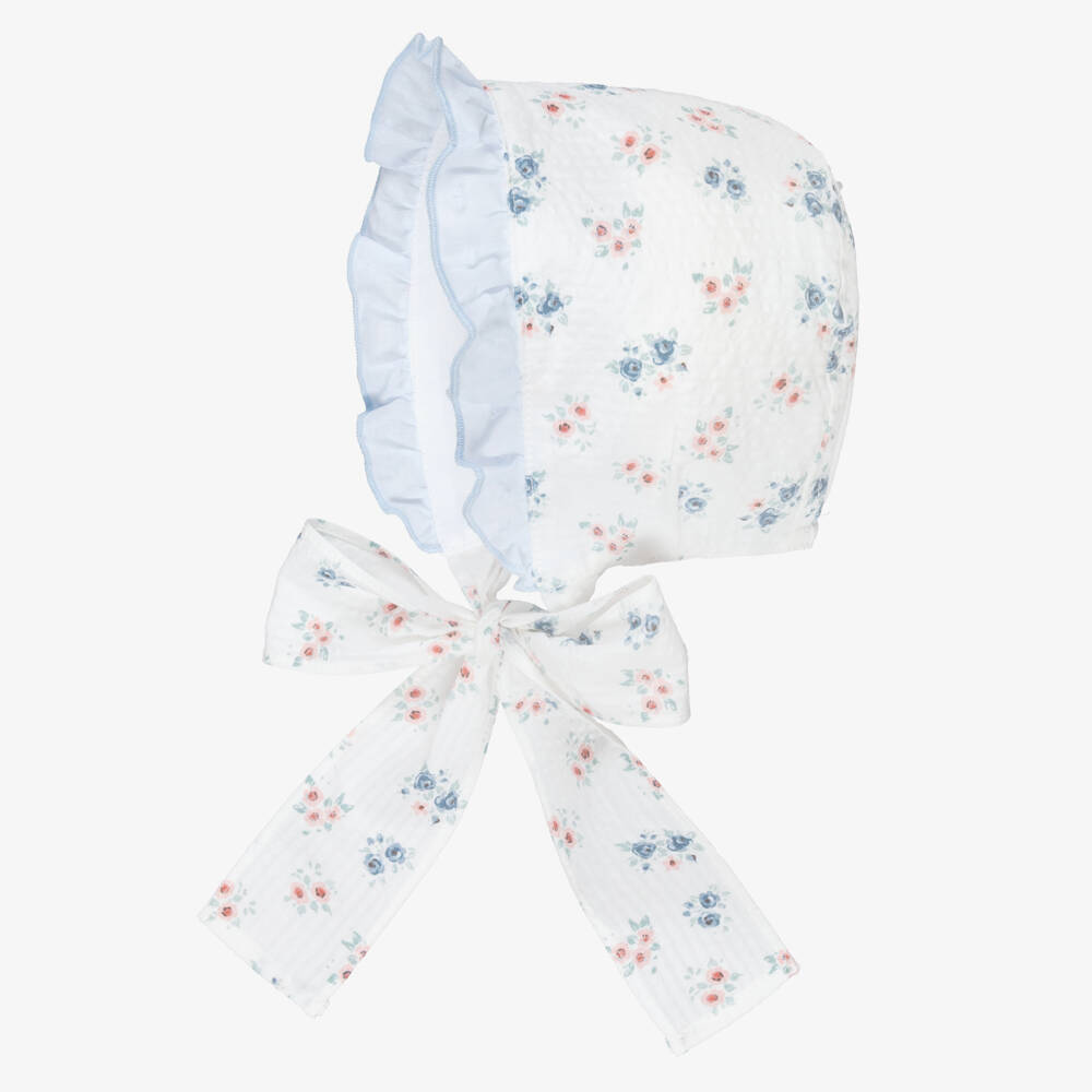 Paloma de la O-Girls White & Blue Floral Cotton Bonnet | Childrensalon Outlet