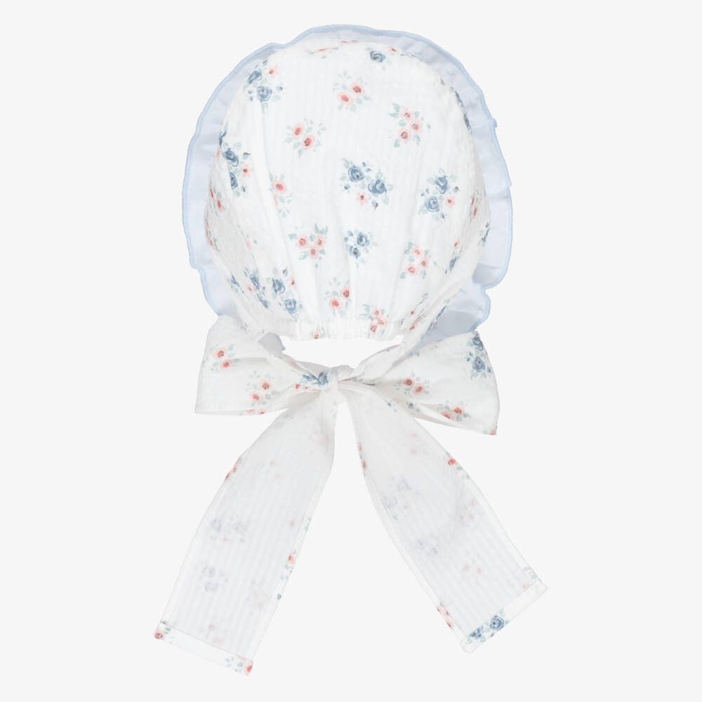 Paloma de la O-Girls White & Blue Floral Cotton Bonnet | Childrensalon Outlet