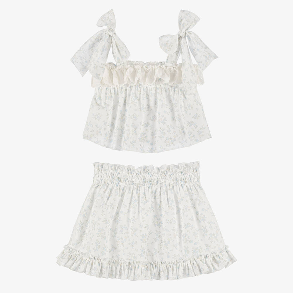 Paloma de la O-Girls White & Blue Floral Print Cotton Skirt Set | Childrensalon Outlet