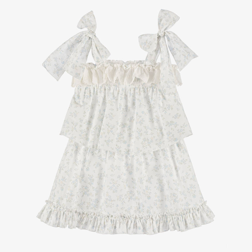 Paloma de la O-Girls White & Blue Floral Print Cotton Skirt Set | Childrensalon Outlet
