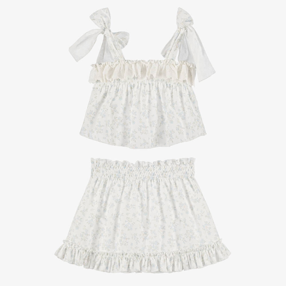 Paloma de la O-Girls White & Blue Floral Print Cotton Skirt Set | Childrensalon Outlet