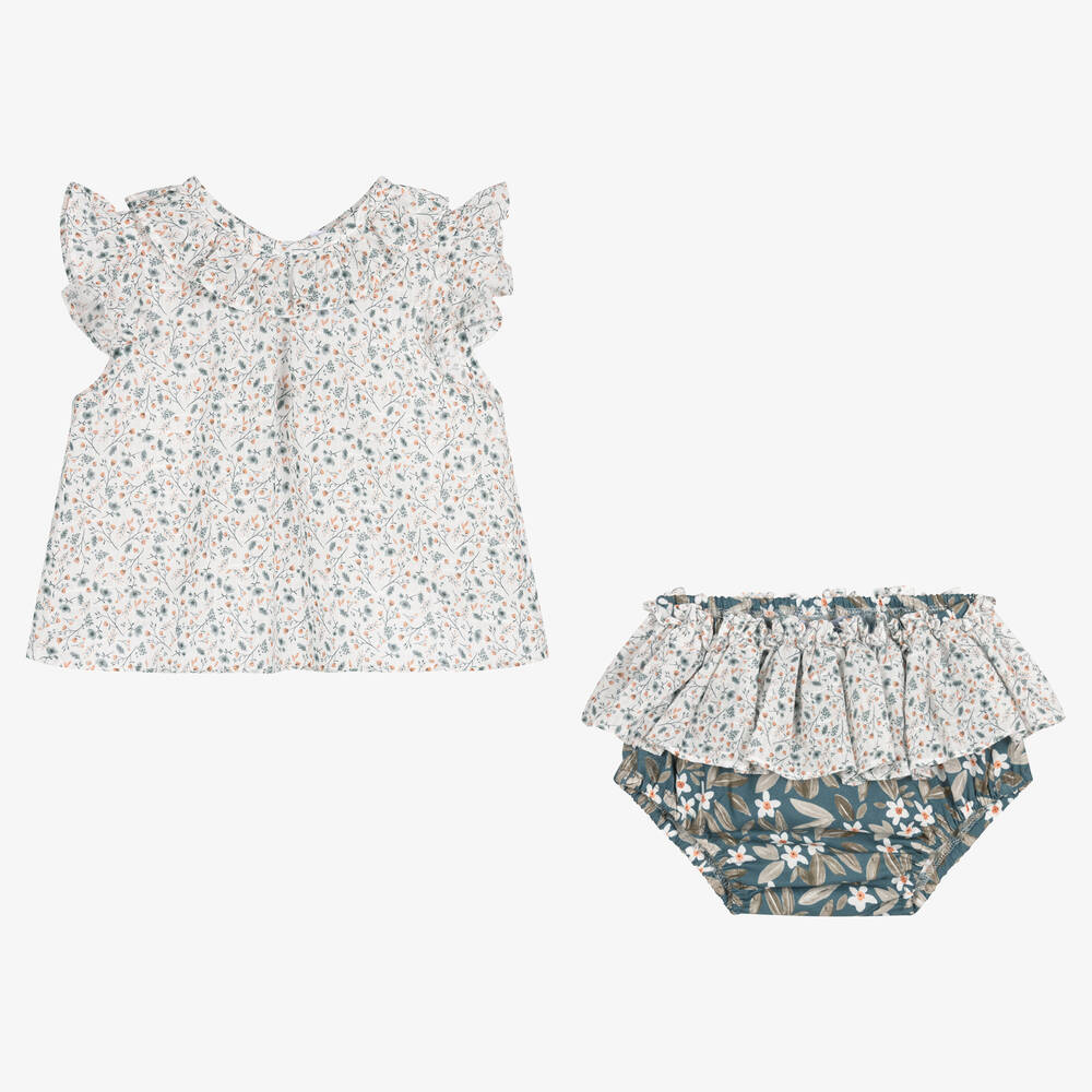 Paloma de la O-طقم شورت قطن لون أبيض وأزرق بطبعة ورود | Childrensalon Outlet