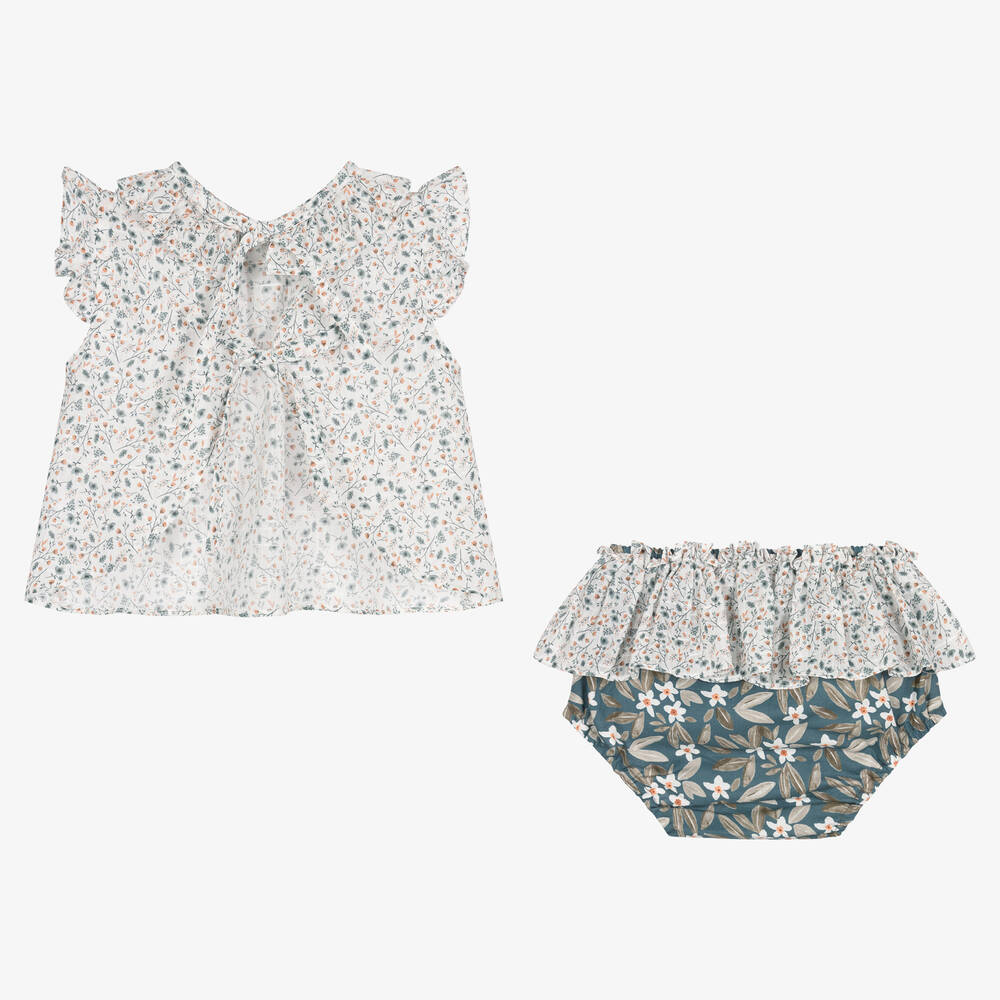 Paloma de la O-طقم شورت قطن لون أبيض وأزرق بطبعة ورود | Childrensalon Outlet