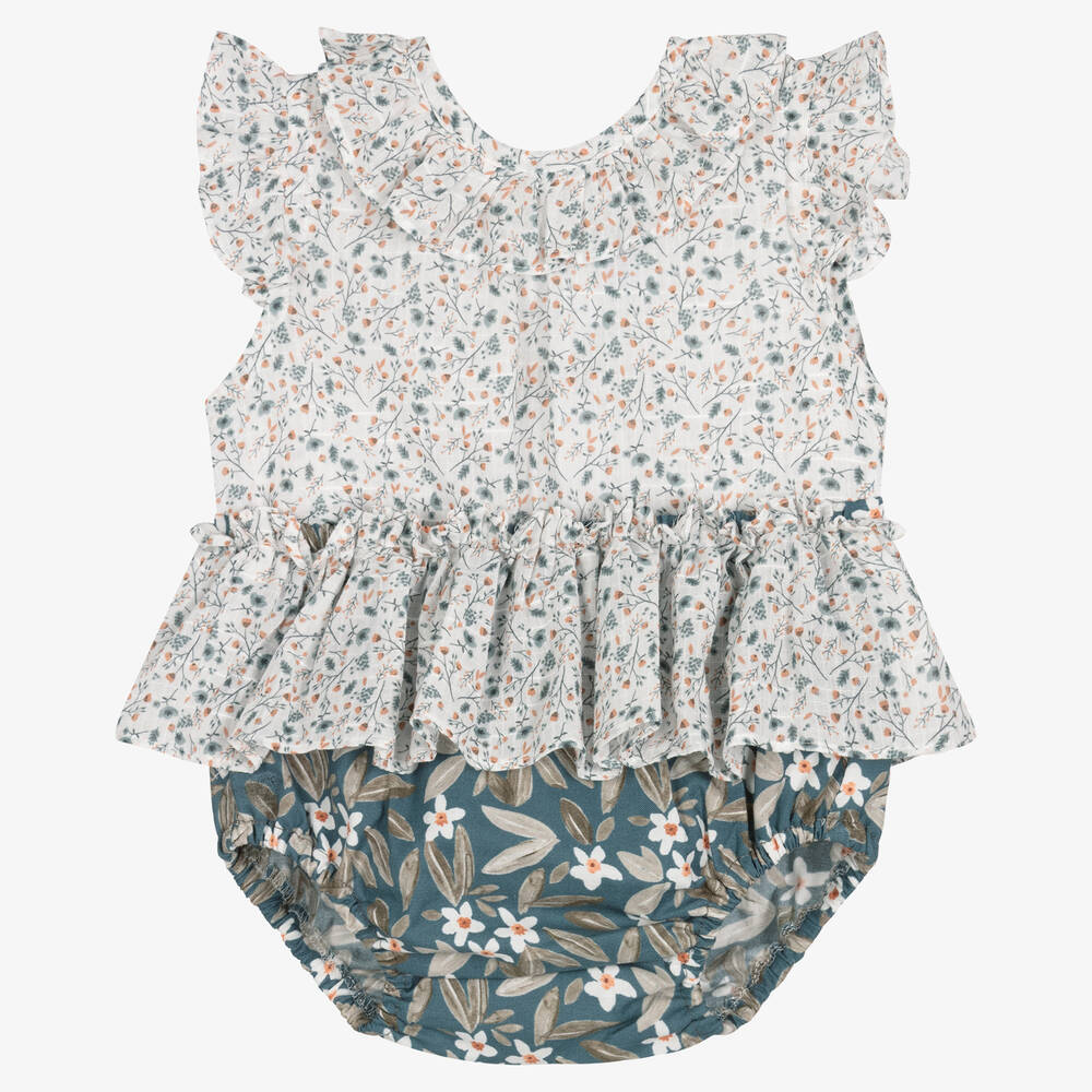 Paloma de la O - Girls White & Blue Floral Shorts Set | Childrensalon